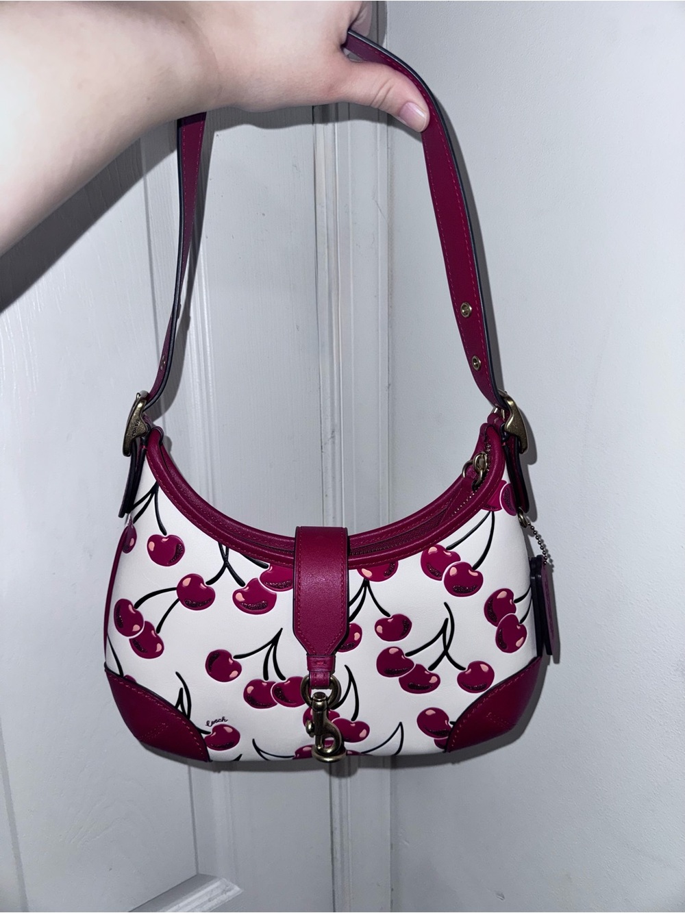 Coach White Cherry Print Hobo with Pink Trim